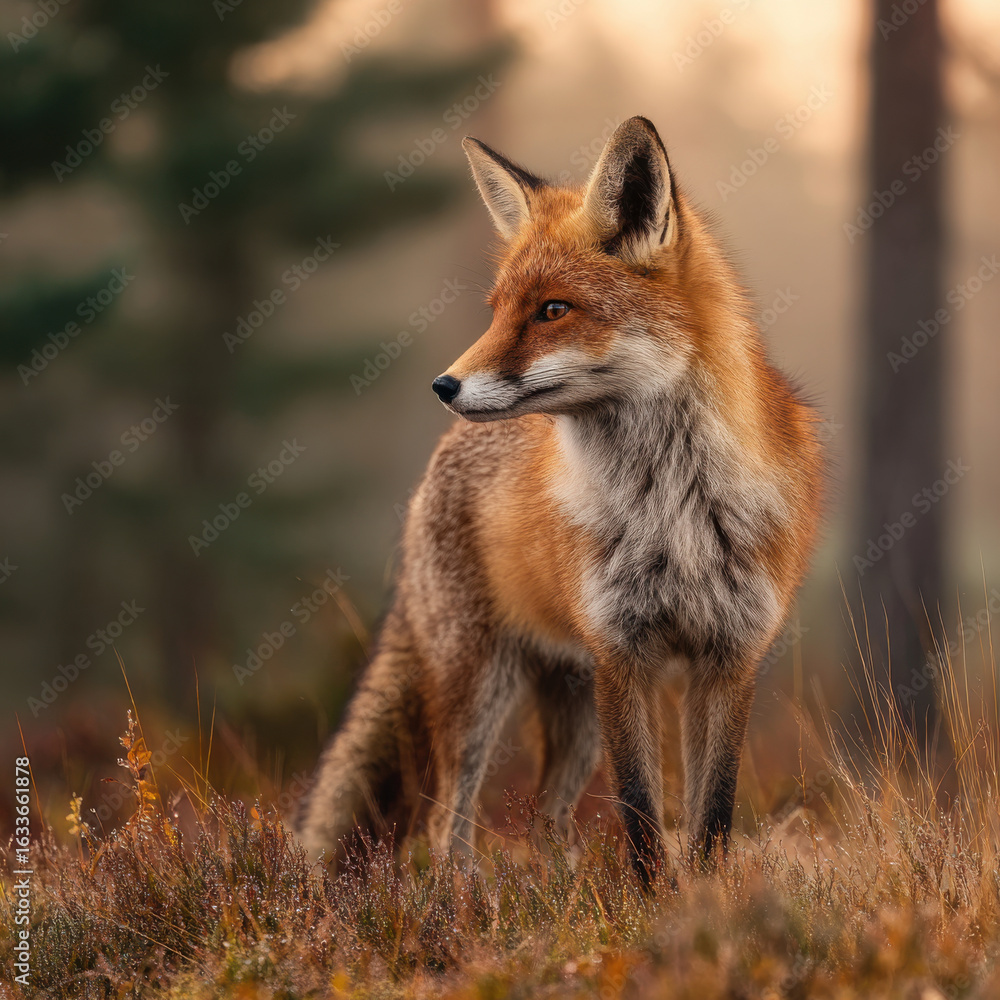 Fototapeta premium Red fox standing in autumn grass with soft natural light and blurred forest background, calm wild animal portrait