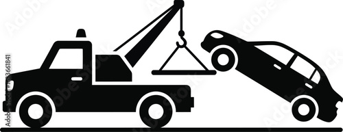 Illustration of a tow truck lifting a broken car isolated on white background, perfect for automotive service, insurance, or emergency assistance