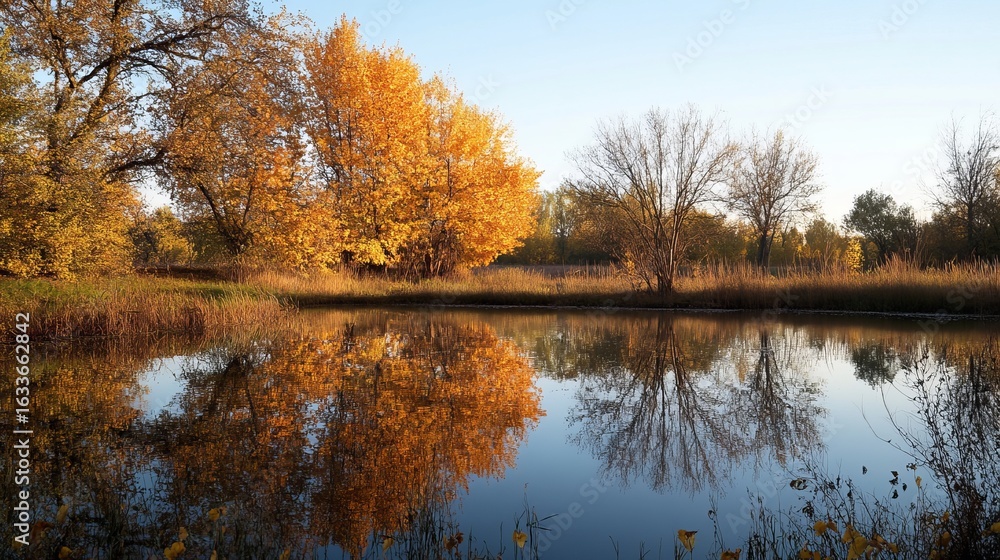 Obraz premium Autumnal pond reflecting golden trees