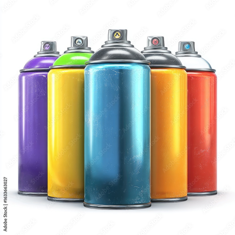Colorful spray paint cans in a group