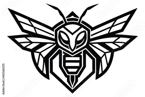 Black geometric bee with striped abdomen and angular wings on a white backdrop