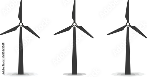 Three wind turbines isolated on white background, generating renewable energy and promoting a sustainable future for the environment
