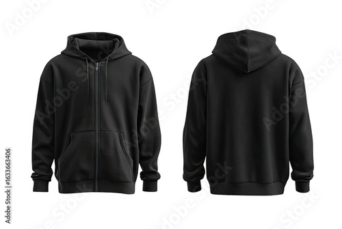 Full front and back view of a black zip-up hoodie (1)