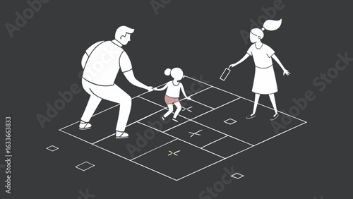 Adult couple playing hopscotch with young girl, capturing playful bonding and joyful moments of kidult lifestyle