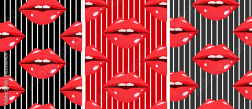 trendy collection vector set three seamless patterns with red lips on striped backgrounds black white and red fashion and beauty poster designs