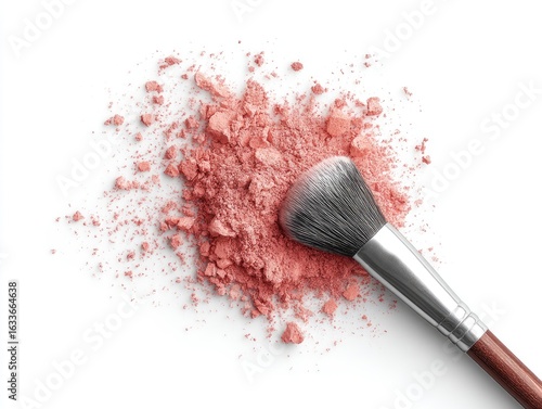 Scattered blush powder and makeup brush on white background