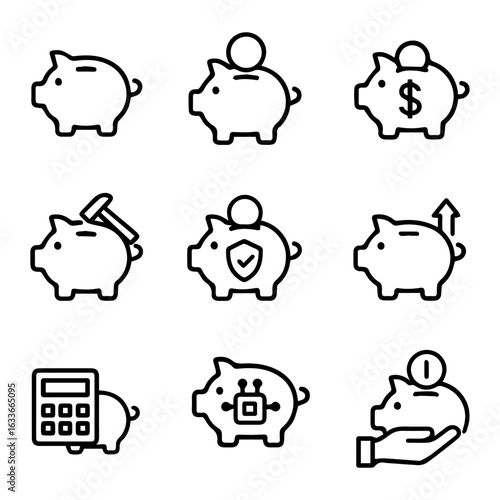 Piggy Bank Icons Set Savings Investment Security Technology and Financial Concepts.