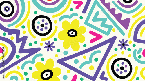 Vibrant pattern featuring flowers circles triangles and abstract shapes in various bright colors art design