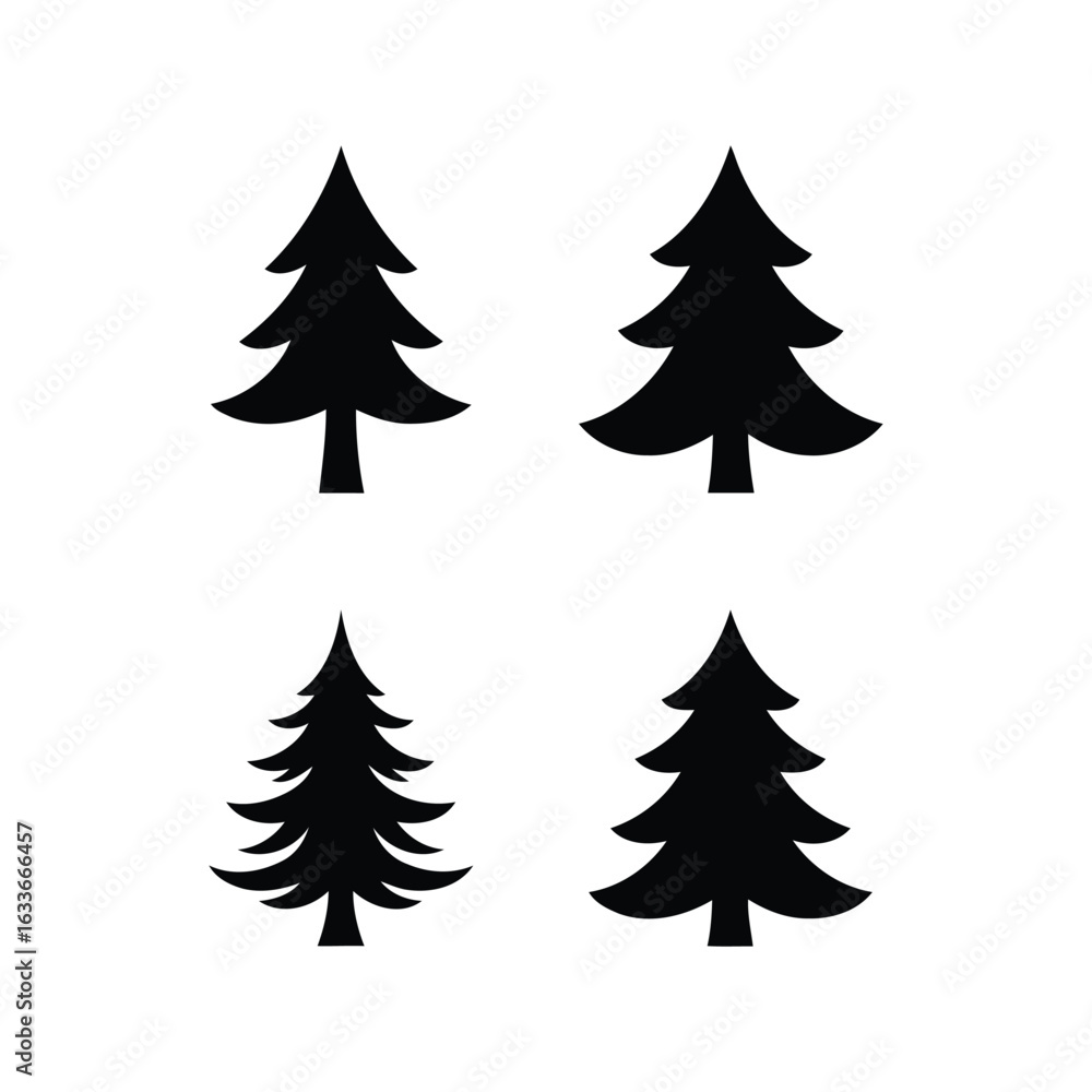 Fototapeta premium Four black fir tree silhouettes evergreen forest icons nature vector graphics
