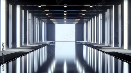 Modern White Corridor with Reflective Floor and Ceiling Lights