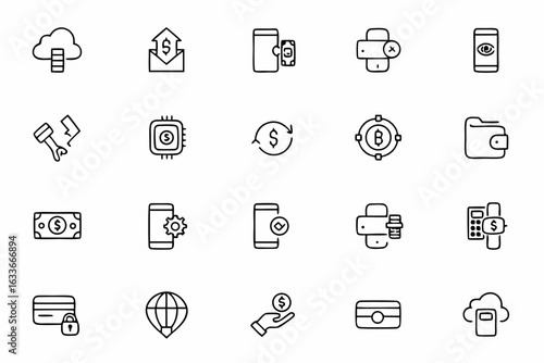 A sleek bundle illustrating modern digital payment methods in clean single-line style. Perfect for fintech apps, e-commerce branding, and financial education materials.