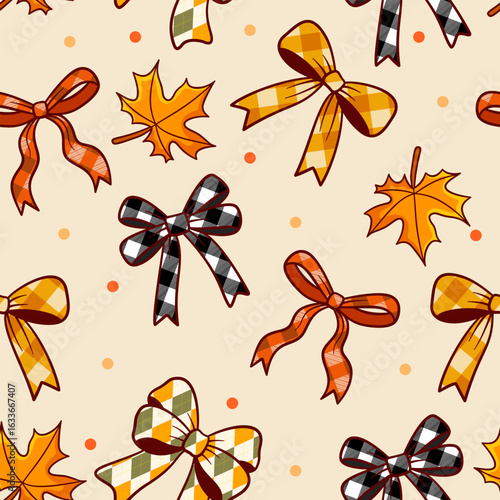 Fall plaid bow with maple leaves seamless pattern for background 