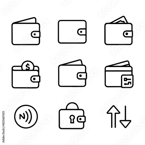 Wallet and Payment Icons Digital Finance Security and Transactional Symbols.