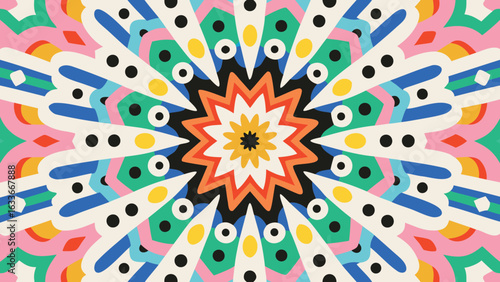 Colorful kaleidoscope pattern with starburst center and geometric shapes in pastel hues arranged radially