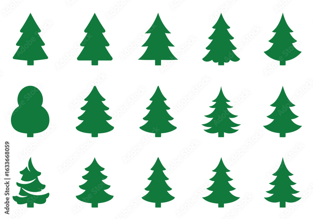 Obraz premium Green christmas tree icons set winter holiday evergreen vector graphics