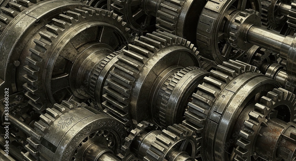 Fototapeta premium Metallic Gears Machine Close-up, Industrial Iron Texture, Mechanical System