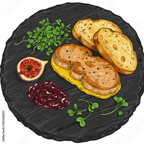 Sliced bread with foie gras, figs, jam and herbs on a black plate.
