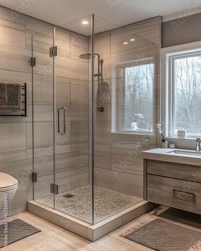 Clean and Simple Modern Bathroom with Walk-In Shower and Smart Toilet for High-Tech Uncluttered Look