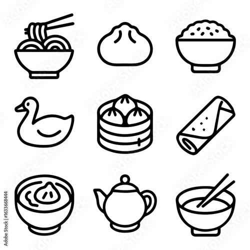 Asian Cuisine Icons Noodles Dumplings Rice Duck Spring Roll Soup and Teapot.