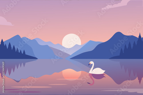 Sunrise on Lake with Lone Swan Gliding