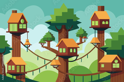 Spiraling Treehouse Village with Rope Bridges
