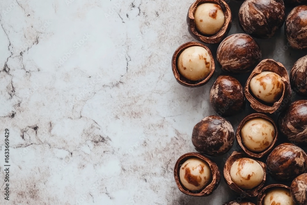 Obraz premium Shelled macadamia nuts on white marble