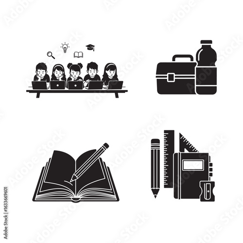 School supplies and students using laptops education