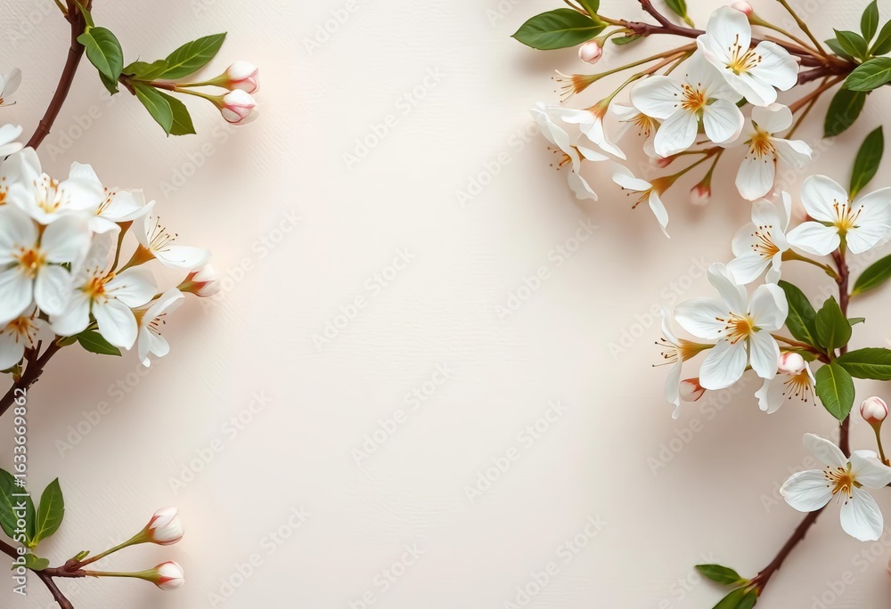 Obraz premium Delicate white blossoms softly frame a light beige textured background, frame, backdrop