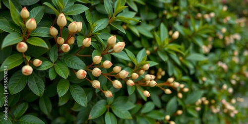 Elegant green foliage and beige flower buds create a natural, serene backdrop,  organic,  beige