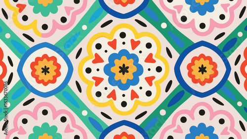 Colorful floral pattern with geometric shapes and symmetrical design elements in vibrant hues and bold lines