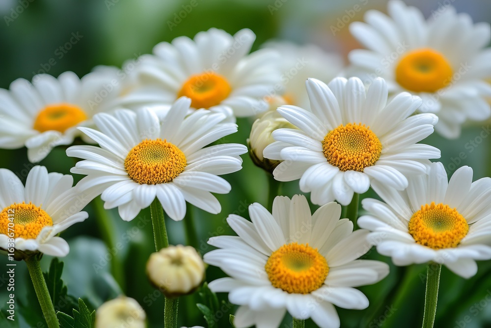 Fototapeta premium Close-up of several white daisies with yellow centers