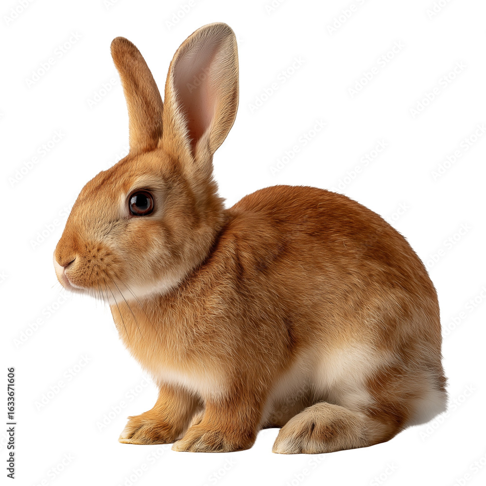 Obraz premium a side view of a brown rabbit with soft fur. large ears. and a fluffy tail. set against a white background rabbit's feature