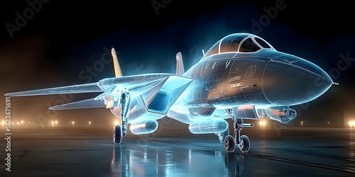 A digital wireframe hologram of a fighter jet on a dark tarmac, glowing blue with detailed lines, showcasing modern aerospace design