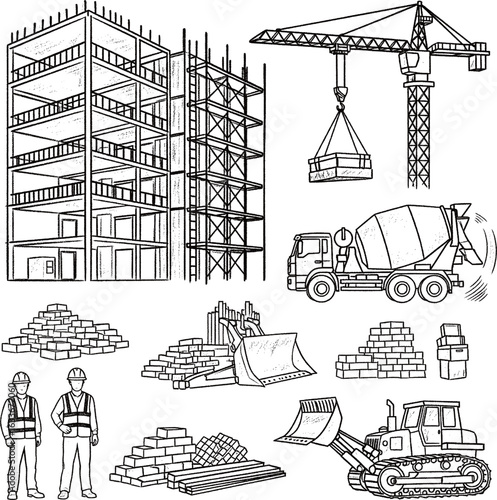 A comprehensive set of chalk-style illustrations on a blackboard, depicting a building under construction, heavy machinery like a crane and bulldozer, materials, and workers.