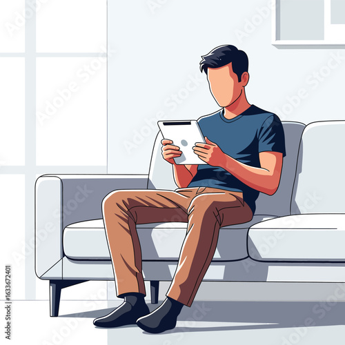 Man sitting on a couch using a tablet device.