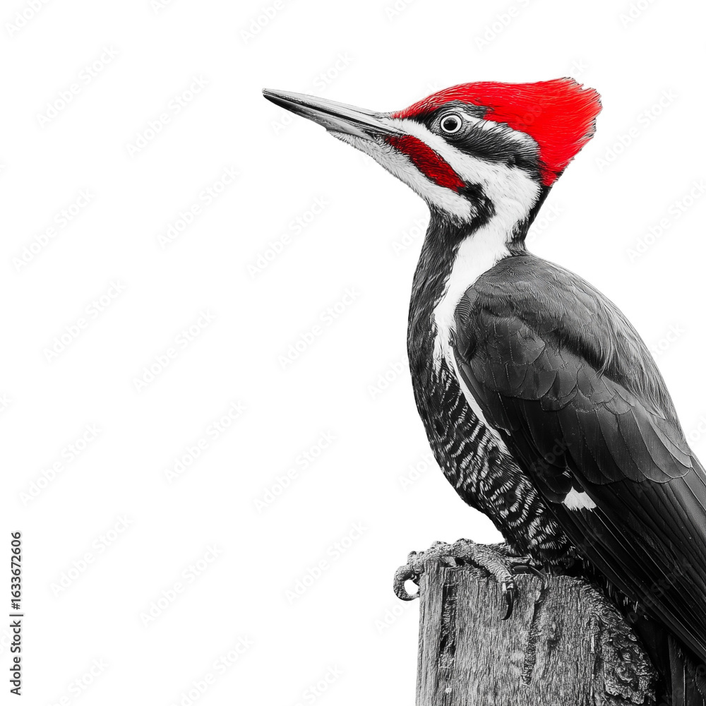 Fototapeta premium a striking image of a woodpecker perched on a wooden stump. showcasing its vibrant red crest.