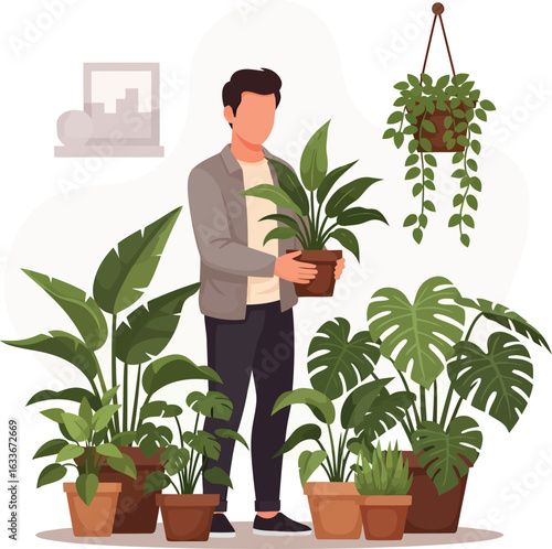 Man tending to a collection of lush indoor houseplants in pots.