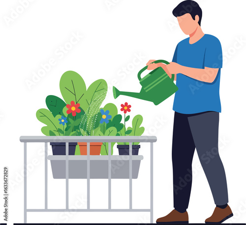 Man watering potted plants on a balcony with a green watering can.