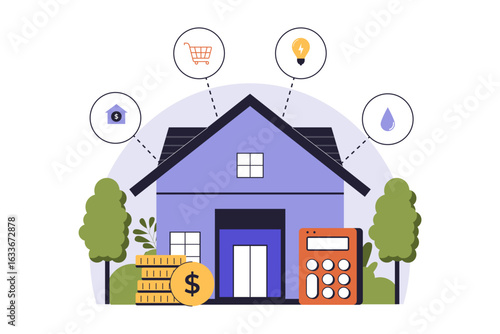 Home Budgeting and Monthly Expense Tracker Illustration. Vector Flat Illustration