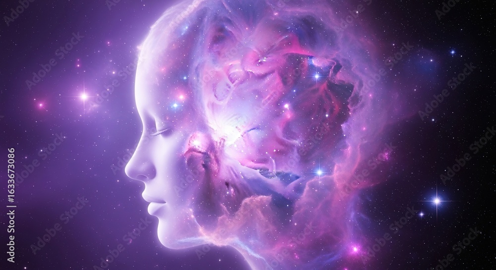 Obraz premium Woman's profile with cosmic nebula inside head against dark background.