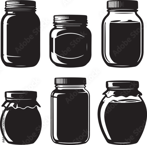 Assorted glass jars with lids and labels containers