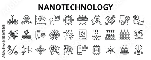 30 Nanotechnology Line Icons Vector - Nanorobotic, Chemical, Nano sensor, Atom, Nanofabrication, Nano Brain