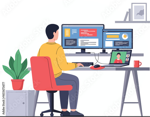 Person working remotely with multiple monitors and video conference.