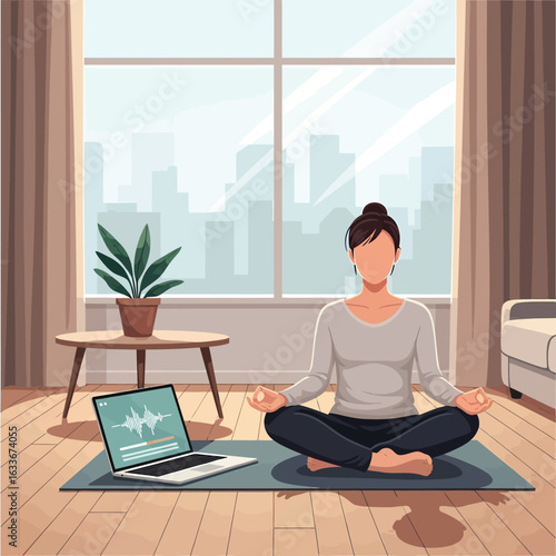 Woman meditating indoors with laptop and city view.