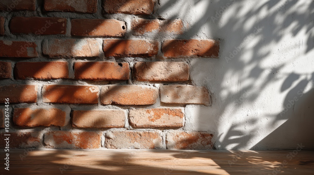 Naklejka premium Brick Wall Texture: Background, Shadow, and Wooden Surface