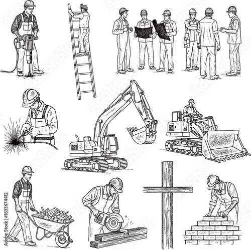 A large collection of chalk-style illustrations on a blackboard, featuring construction workers in safety 