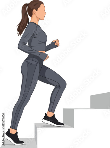 Woman running up stairs in athletic wear.