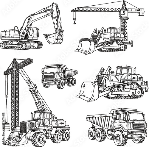 A set of six heavy construction machinery illustrations, including an excavator, bulldozers, and cranes, depicted in a white chalk-sketch style on a dark background.