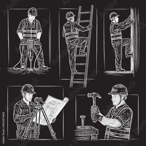 A set of five chalk-style illustrations on a black background, depicting construction workers in safety gear performing various tasks like using a jackhammer, climbing a ladder, and surveying