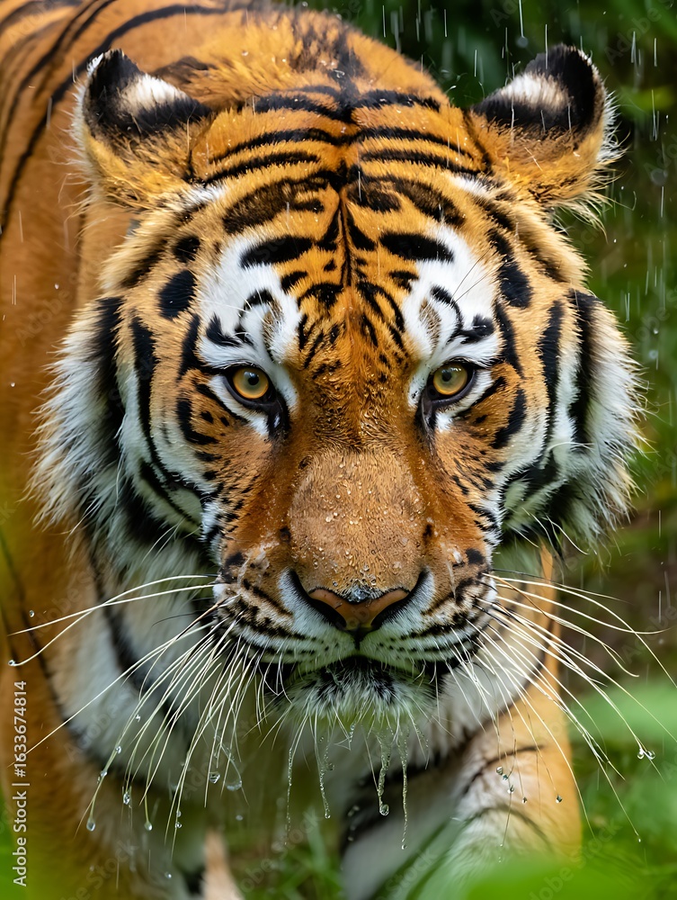 Fototapeta premium Close up portrait of a powerful bengal tiger with intense green eyes walking forward in a lush green forest environment